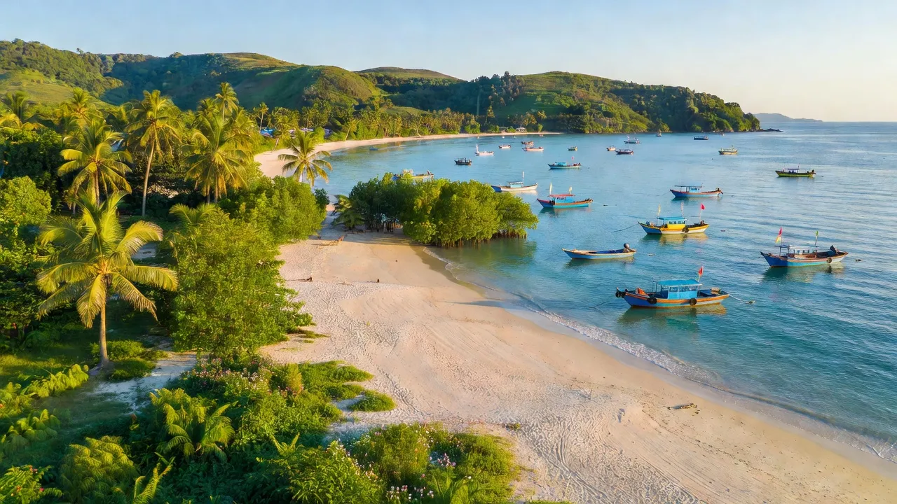Khung cảnh Huyện Vạn Ninh, Tỉnh Khánh Hòa với bờ biển, thuyền đánh cá và thiên nhiên xanh tươi.