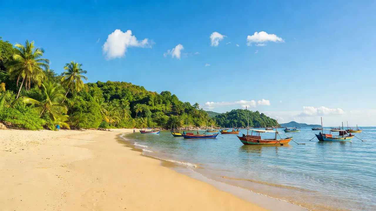 Khánh Hòa province Vietnam coastline with beaches, fishing boats, and lush hills under sunny sky.