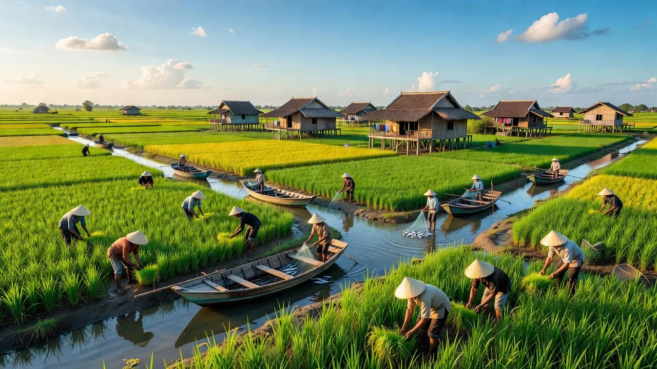 Cảnh quan huyện An Biên, Kiên Giang với cánh đồng lúa và hoạt động đánh bắt thủy sản.