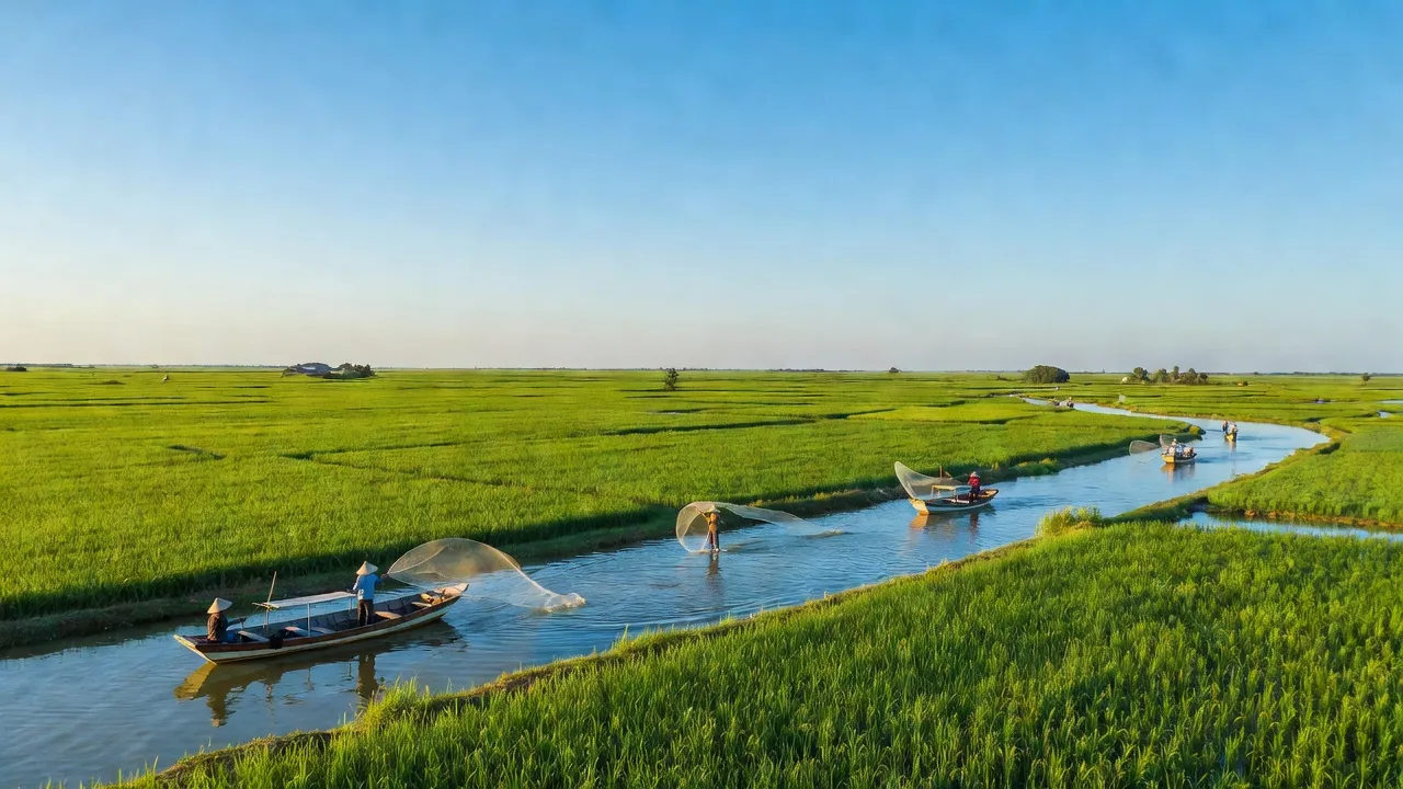 Cảnh sắc huyện An Biên, tỉnh Kiên Giang với đồng lúa xanh tươi và hoạt động đánh bắt thủy sản.
