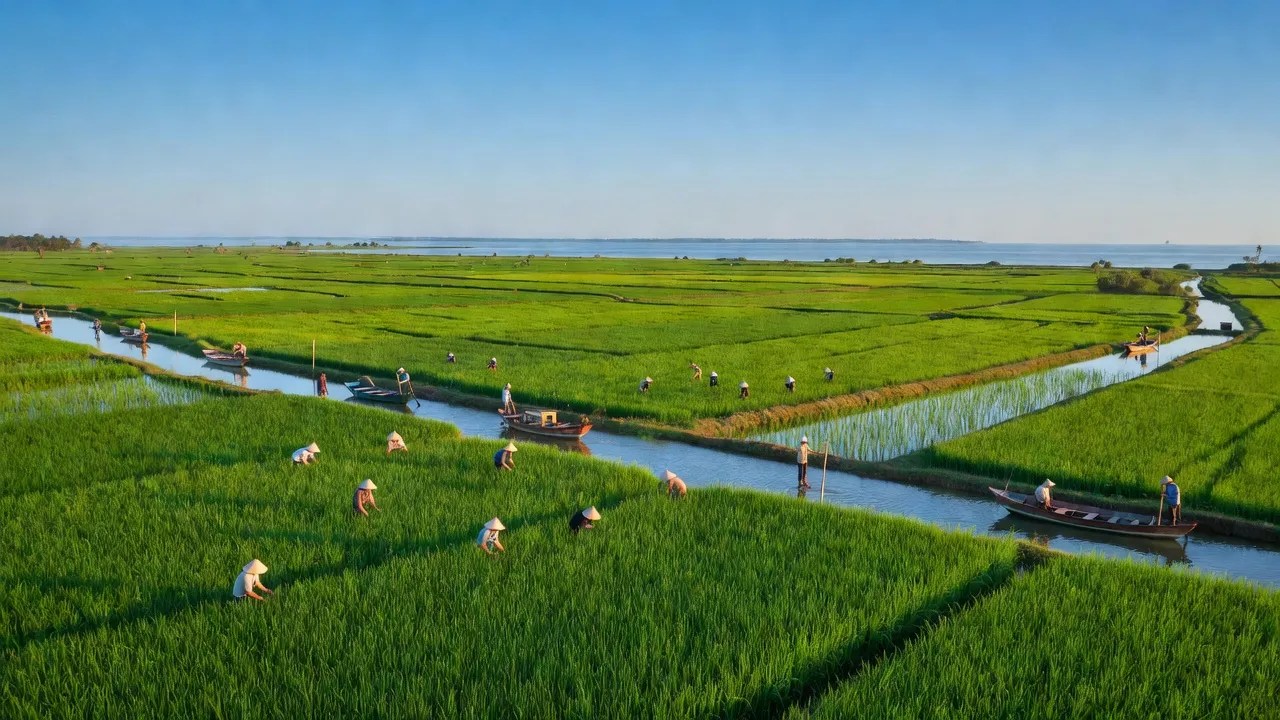 Cánh đồng lúa xanh tươi huyện An Minh, tỉnh Kiên Giang, với cảnh biển và nông dân làm việc.