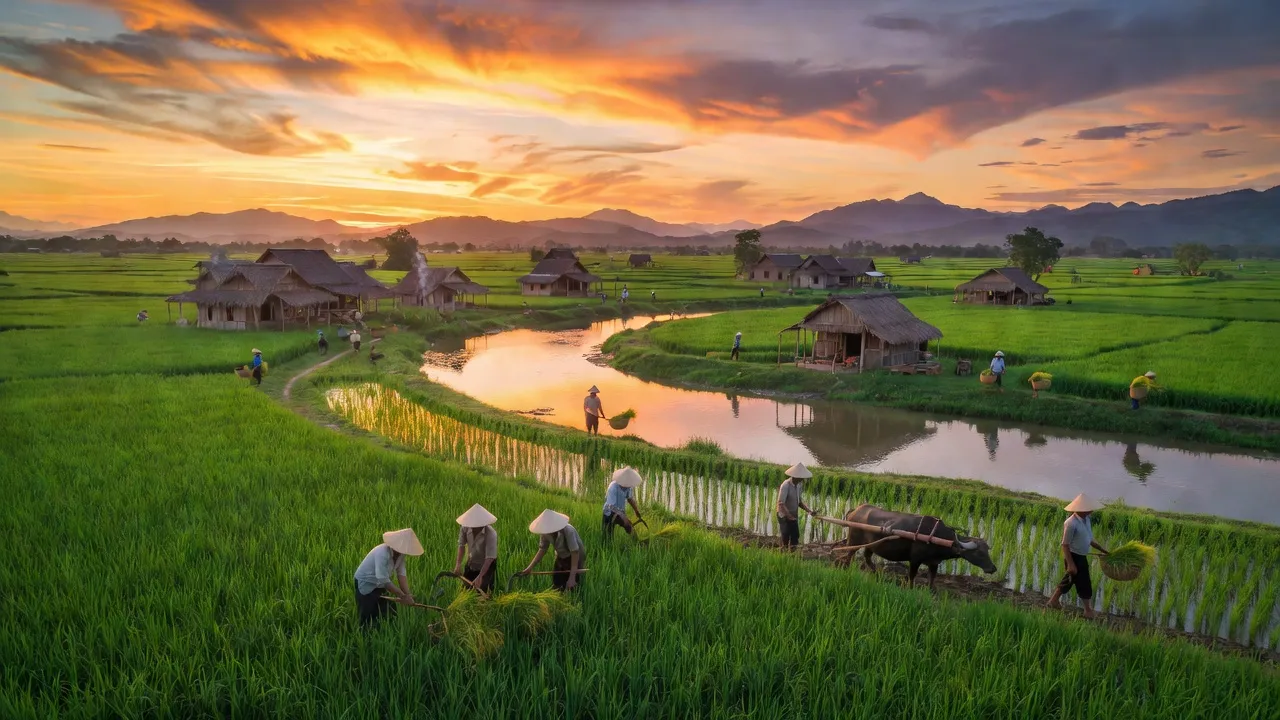 Cảnh đẹp huyện Giang Thành, Kiên Giang với cánh đồng xanh và sông, biểu hiện cuộc sống nông thôn.
