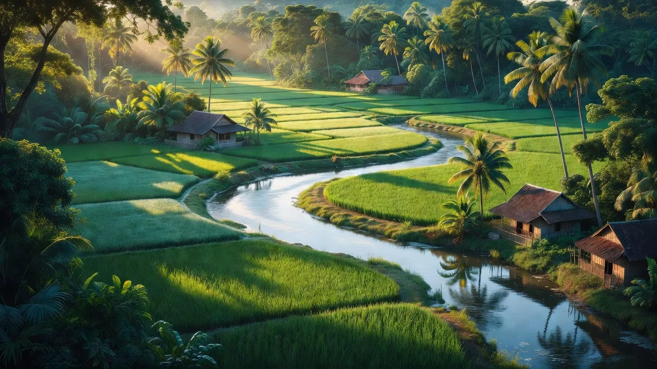Cảnh đẹp huyện Giồng Riềng, tỉnh Kiên Giang với cánh đồng xanh, sông nước, và nhà truyền thống.