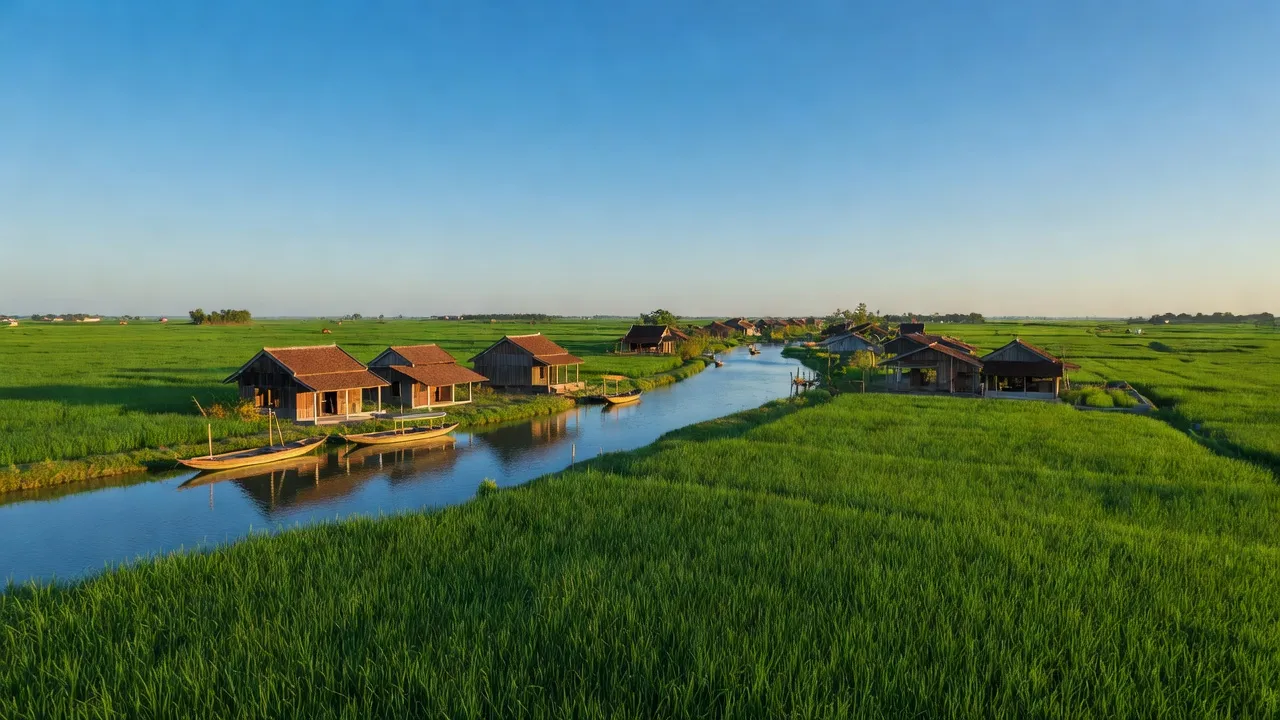Cảnh quan huyện Giồng Riềng, Kiên Giang với đồng ruộng xanh mướt và nhà truyền thống bên sông.