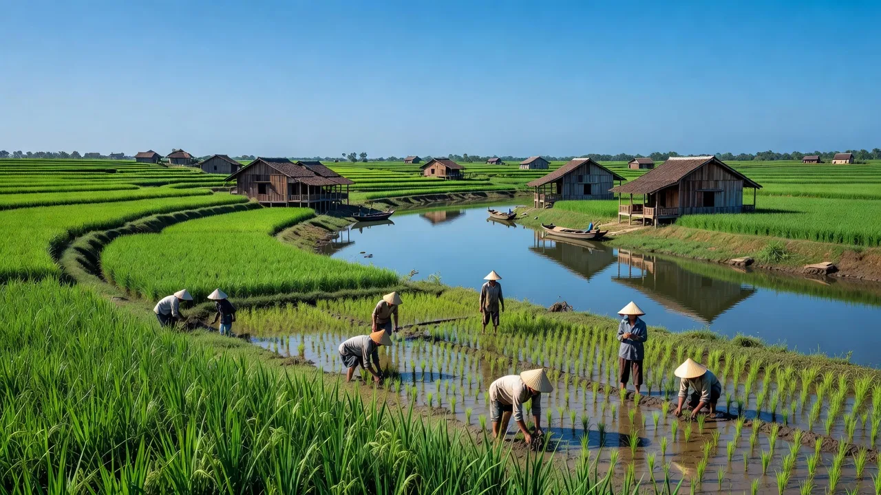 Cảnh quan huyện Gò Quao, Kiên Giang với cánh đồng xanh và nhà gỗ truyền thống.