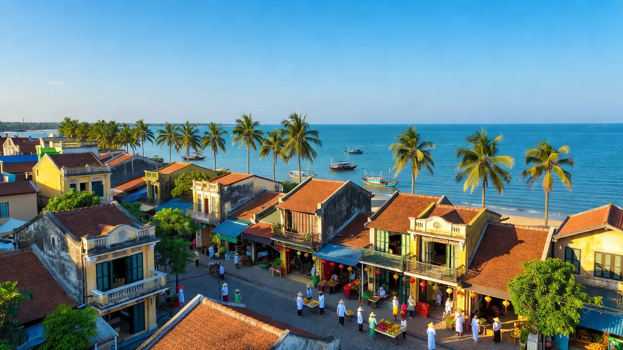 Khung cảnh thành phố Hà Tiên, Kiên Giang với bãi biển, kiến trúc lịch sử và cây cọ xanh.