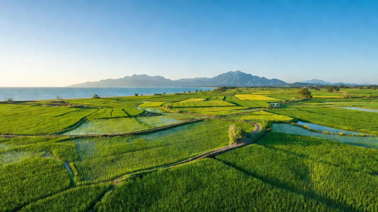 Khung cảnh huyện Hòn Đất, Kiên Giang với cánh đồng xanh tươi và bầu trời trong xanh.