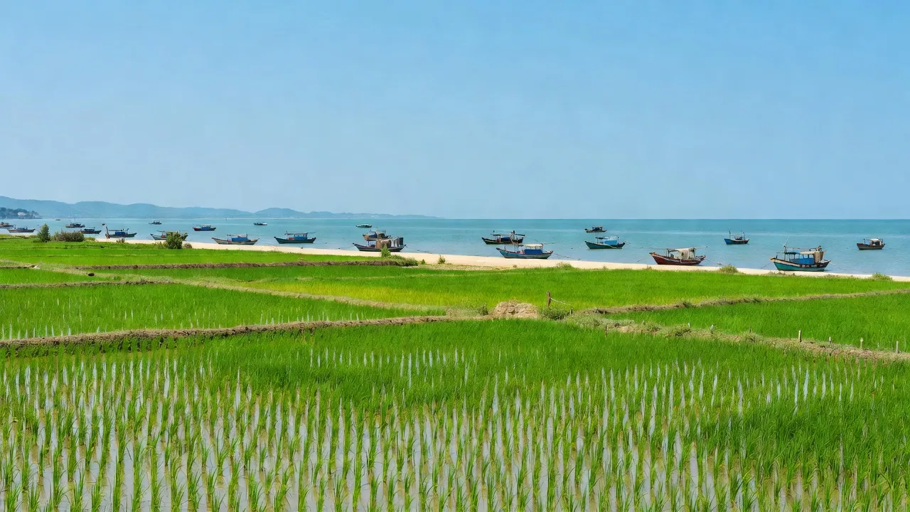 Khung cảnh thiên nhiên Huyện Hòn Đất, Kiên Giang với đồng lúa xanh và bờ biển.