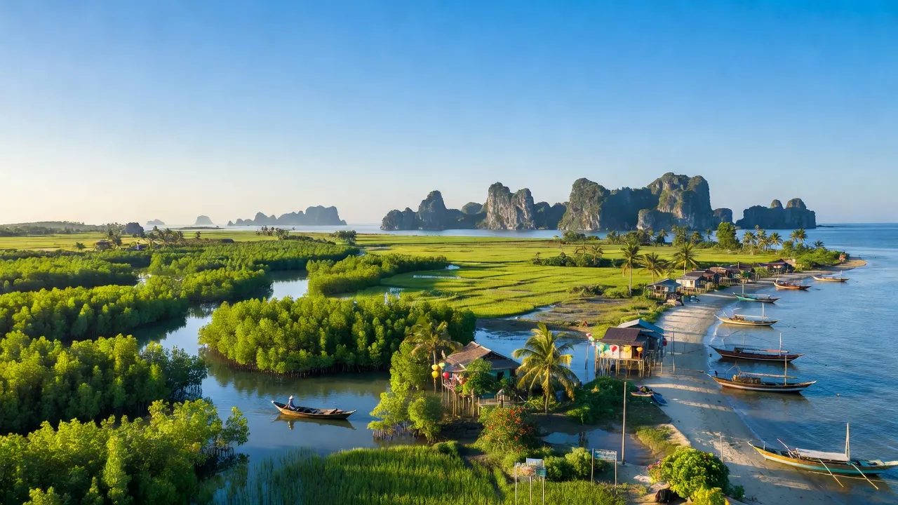 Khung cảnh Huyện Kiên Lương, Kiên Giang với thiên nhiên xanh tươi và bầu trời trong xanh.
