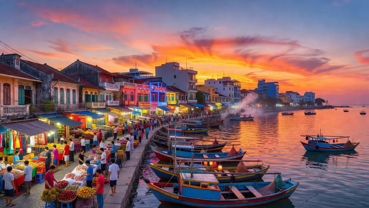 Khung cảnh Thành phố Rạch Giá, Kiên Giang với bãi biển, kiến trúc đẹp và hoạt động nhộn nhịp.