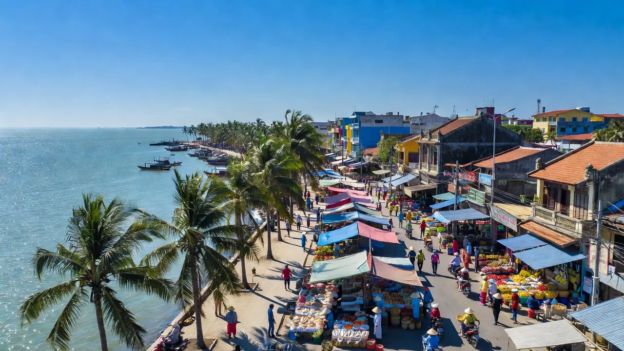 Quang cảnh Thành phố Rạch Giá, Kiên Giang với bờ biển, kiến trúc truyền thống, và thị trường nhộn nhịp.
