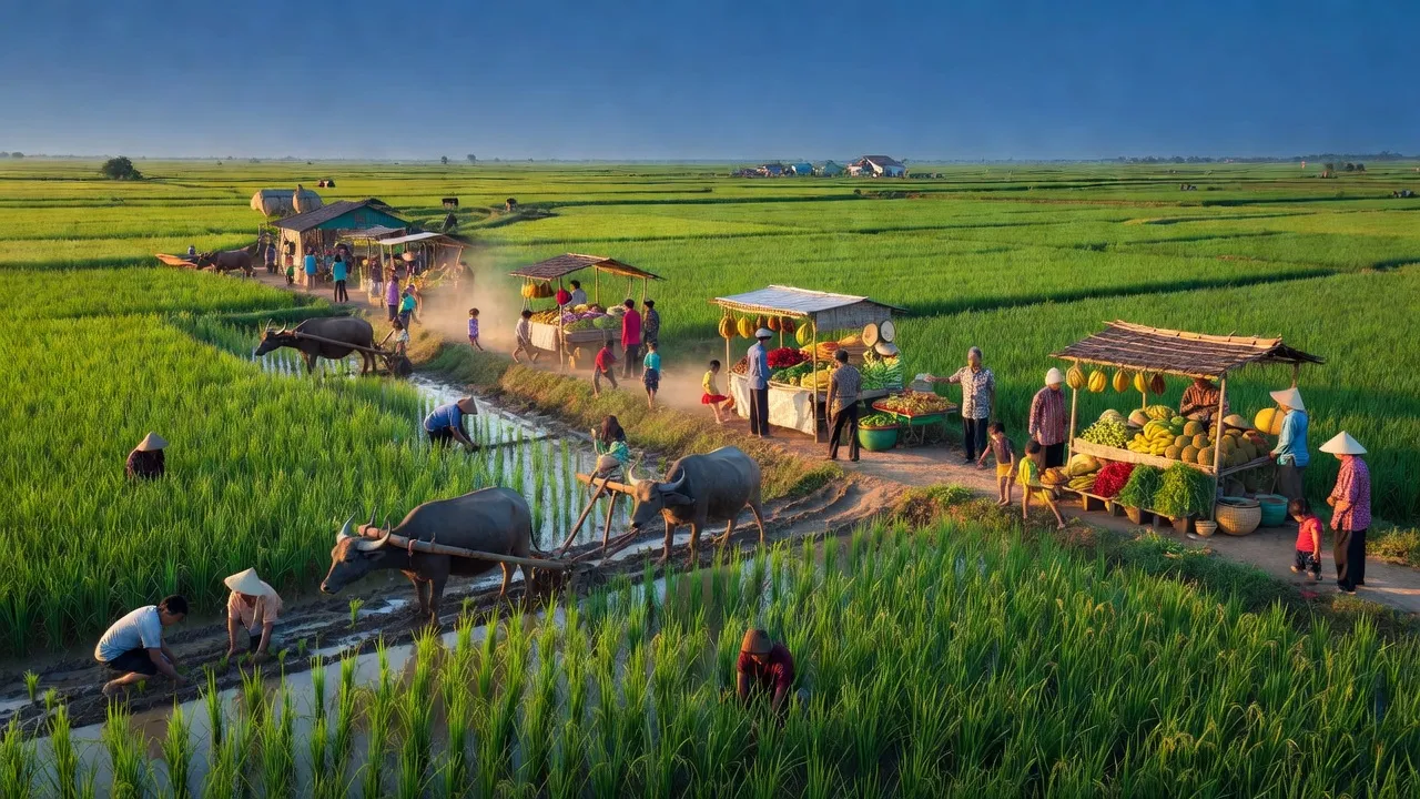 Cảnh đẹp huyện Tân Hiệp, Kiên Giang với ruộng xanh, chợ truyền thống và bầu trời trong xanh.