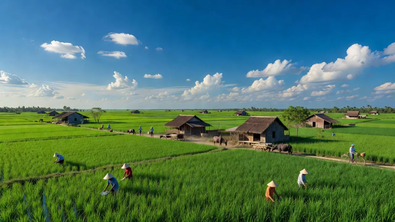 Cảnh quan huyện Tân Hiệp, tỉnh Kiên Giang với cánh đồng xanh và kiến trúc nông thôn truyền thống.