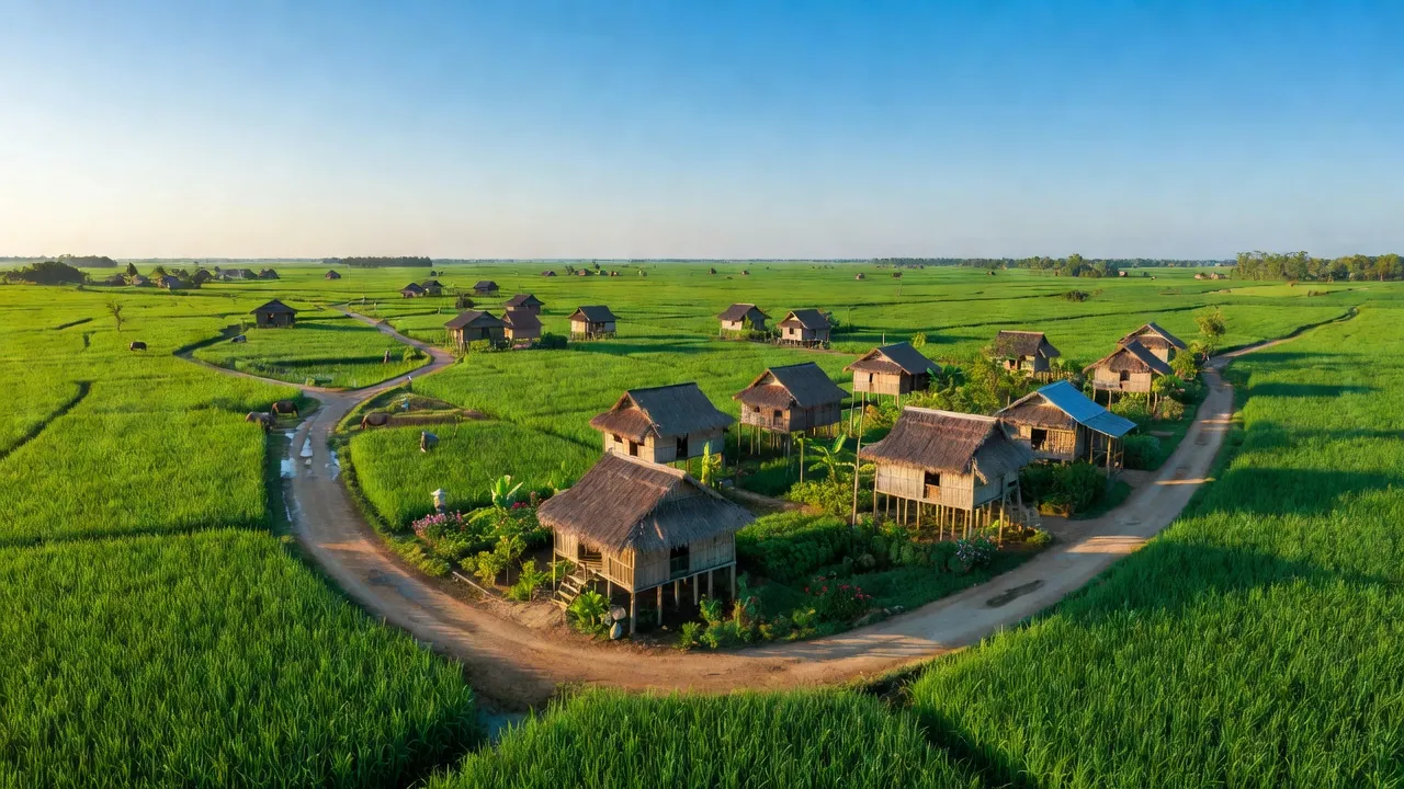 Cảnh đẹp huyện Vĩnh Thuận, Kiên Giang với cánh đồng xanh mướt và nhà truyền thống.