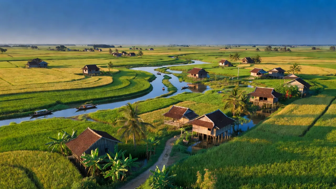 Khung cảnh tuyệt đẹp tại Huyện Vĩnh Thuận, Kiên Giang với cánh đồng xanh và sông nước yên bình.