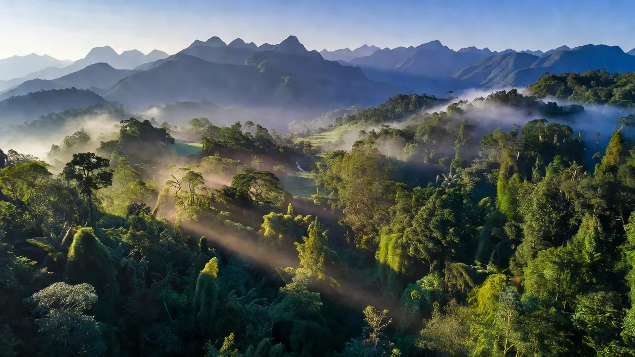 Khung cảnh huyện Đắk Glei, Kon Tum với núi rừng xanh tươi và ánh sáng chân trời.