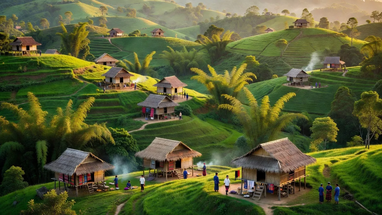 Toàn cảnh huyện Đắk Glei, tỉnh Kon Tum, với đồi xanh, nhà sàn truyền thống, và vẻ đẹp thiên nhiên.