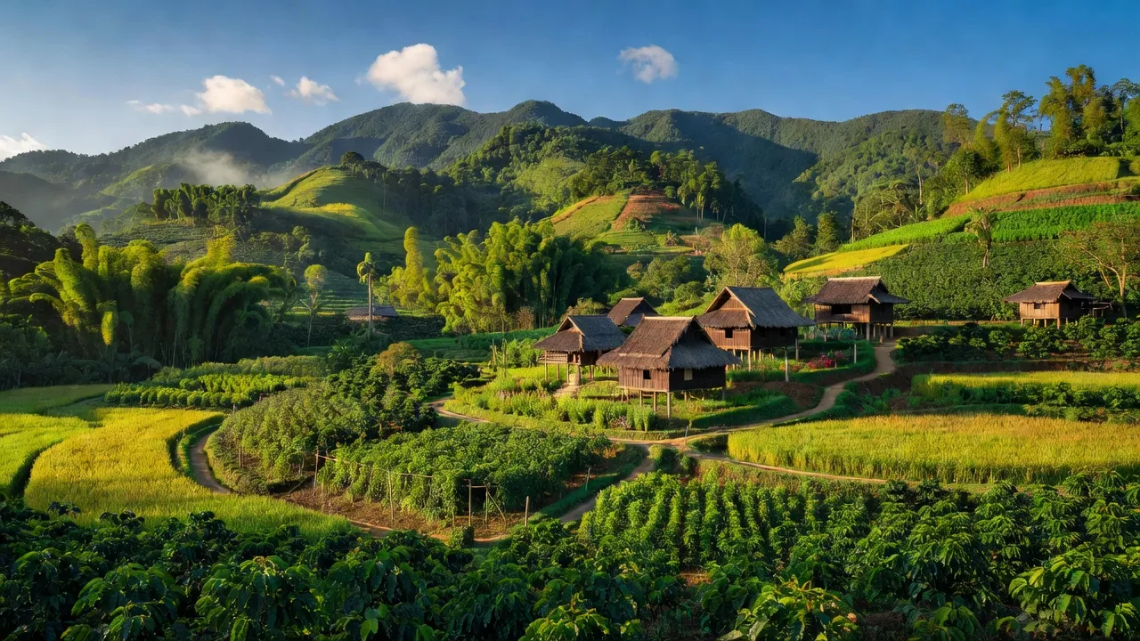 Cảnh sắc huyện Đắk Hà, tỉnh Kon Tum với núi xanh, nhà truyền thống, và bầu trời trong xanh.