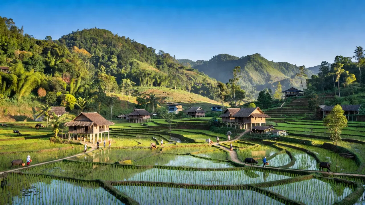 Khung cảnh tuyệt đẹp huyện Đắk Hà, tỉnh Kon Tum với núi rừng xanh tươi và cánh đồng lúa