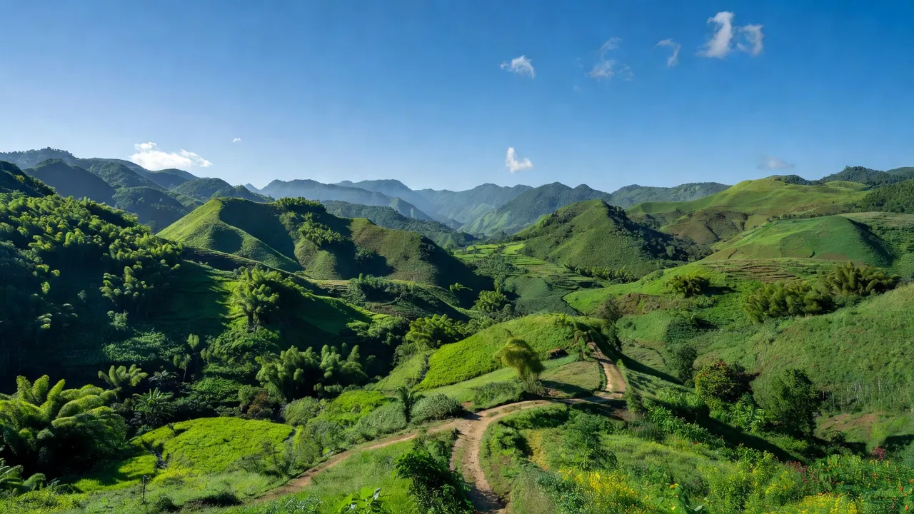 Khung cảnh tuyệt đẹp huyện Đắk Tô, tỉnh Kon Tum với đồi núi xanh mướt và thung lũng.