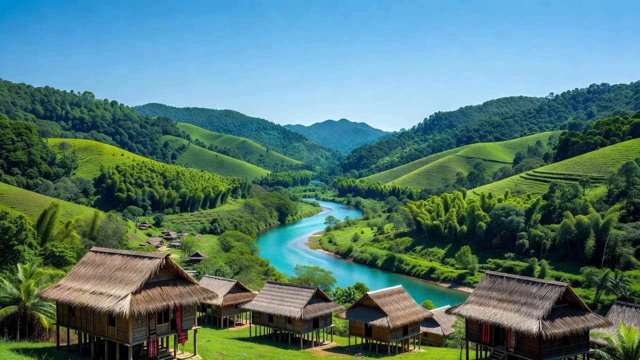 Cảnh quan tuyệt đẹp huyện Ia H' Drai, Kon Tum với đồi núi, sông hồ và nhà dân tộc.