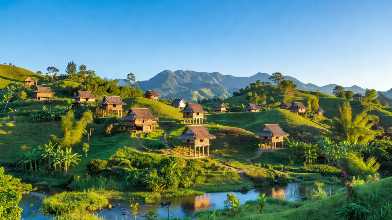 Khung cảnh huyện Ia H' Drai, Kon Tum với đồi núi xanh, nhà dân tộc thiểu số, và bầu trời trong xanh.