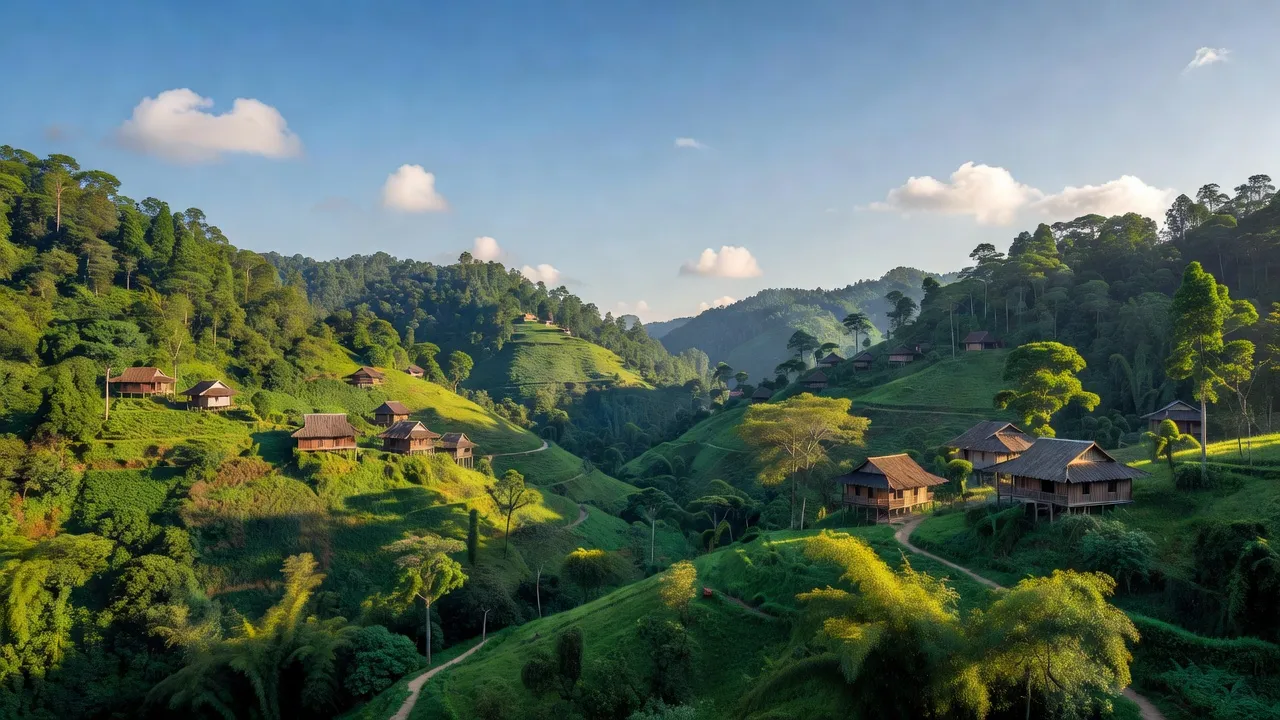 Khung cảnh núi rừng huyện Kon Plông, tỉnh Kon Tum với nhà gỗ và bầu trời trong xanh.