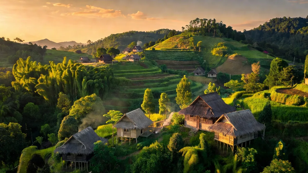 Khung cảnh huyện Kon Rẫy, tỉnh Kon Tum với đồi núi xanh mướt và nhà dân tộc truyền thống.