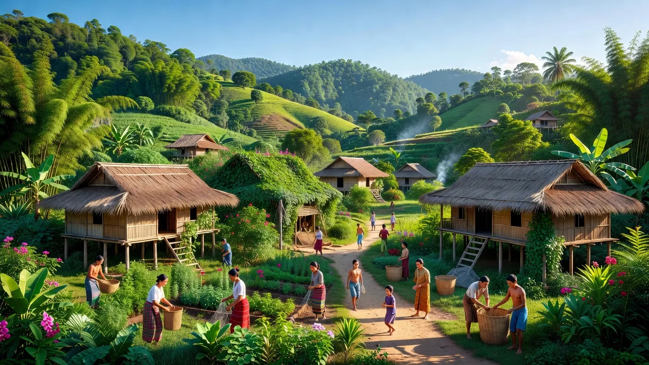 Khung cảnh huyện Kon Rẫy, tỉnh Kon Tum với núi rừng xanh tươi và nhà sàn truyền thống.