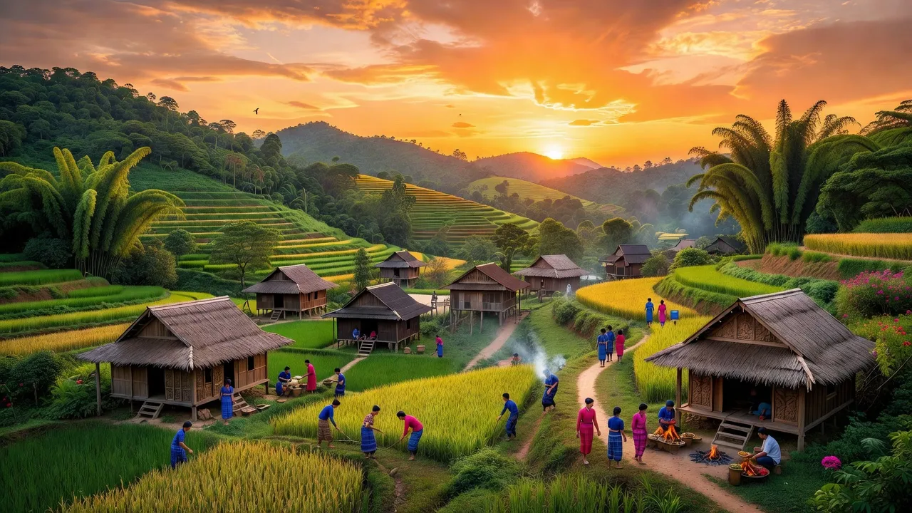 Khung cảnh huyện Ngọc Hồi, tỉnh Kon Tum với đồi xanh, nhà gỗ truyền thống, và ánh hoàng hôn.