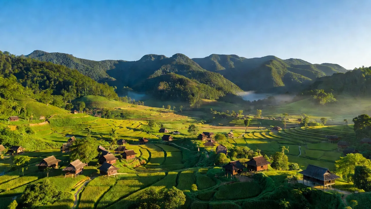 Cảnh quan huyện Sa Thầy, Kon Tum với núi rừng xanh tươi và nhà gỗ truyền thống