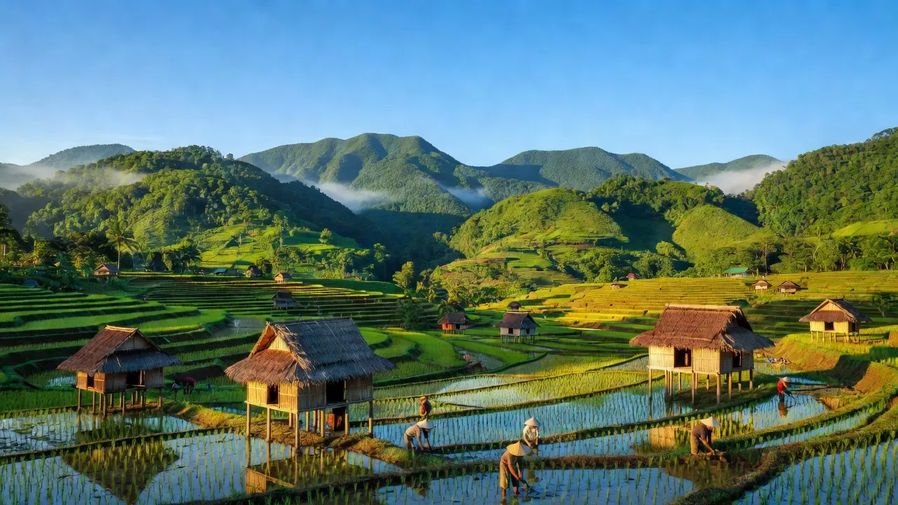 Khung cảnh huyện Sa Thầy, tỉnh Kon Tum với núi rừng xanh tươi và thung lũng.