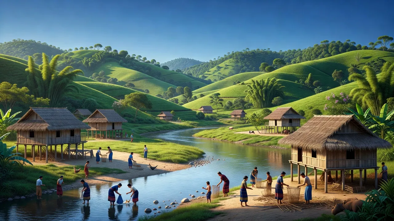 Khung cảnh tỉnh Kon Tum, Việt Nam với núi rừng, nhà sàn và sông Dak Bla, thể hiện văn hóa địa phương.