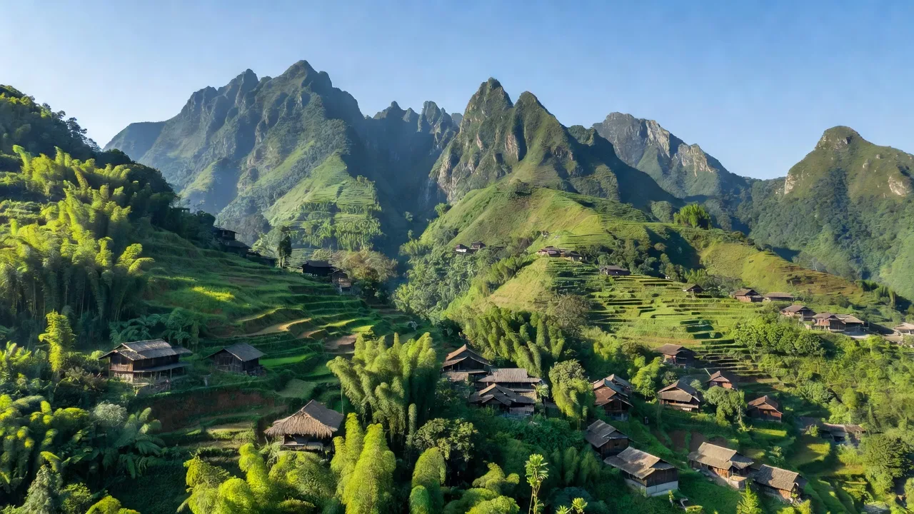 Cảnh quan huyện Mường Tè, Lai Châu với núi cao, rừng xanh, và nhà sàn truyền thống.