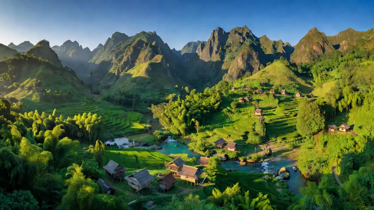 Cảnh quan huyện Nậm Nhùn, Lai Châu với núi non, thung lũng, và ngôi nhà truyền thống giữa thiên nhiên.