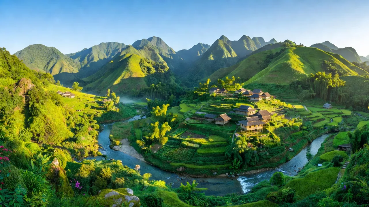 Phong cảnh huyện Nậm Nhùn, Lai Châu với núi non hùng vĩ và thung lũng xanh tươi.