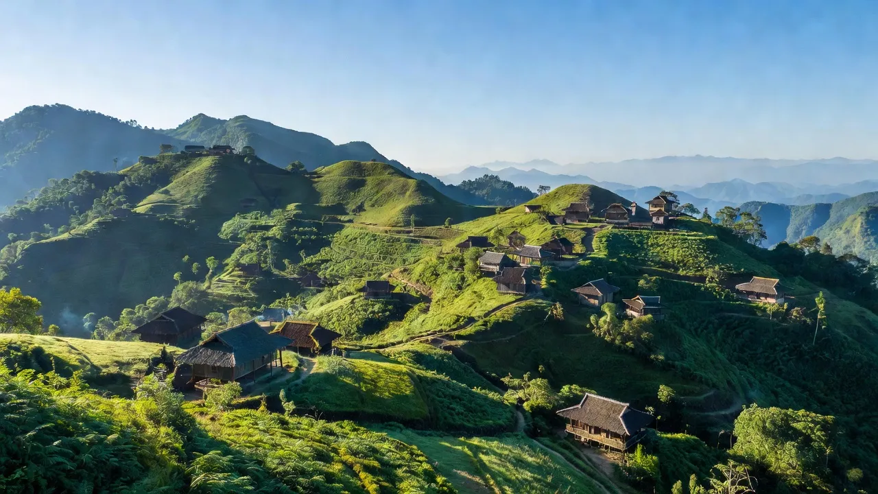 Cảnh quan núi non Huyện Phong Thổ, tỉnh Lai Châu với nhà dân tộc và bầu trời xanh.