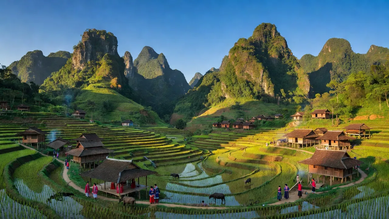Phong Thổ District in Lai Châu with majestic mountains and traditional villages, showcasing natural beauty.