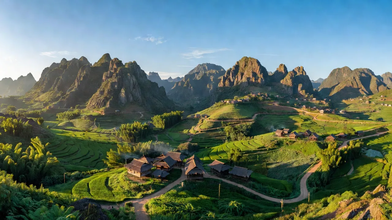 Cảnh đẹp huyện Sìn Hồ, Lai Châu với núi non và những ngôi nhà truyền thống giữa thung lũng xanh.