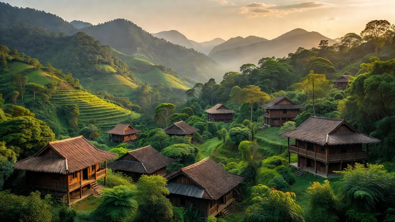 Khung cảnh Huyện Sìn Hồ, tỉnh Lai Châu với núi non xanh mát và nhà gỗ truyền thống.
