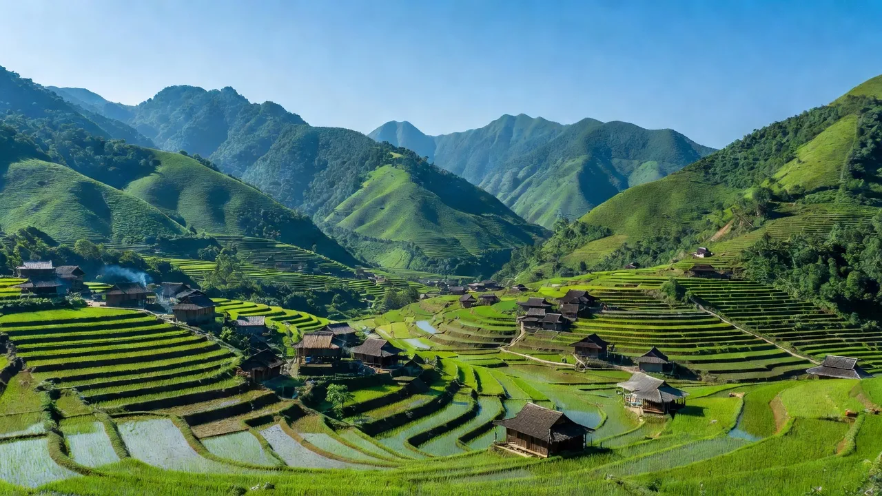Cảnh sắc tuyệt đẹp huyện Tam Đường, Lai Châu với núi non, ruộng bậc thang và nhà gỗ truyền thống.