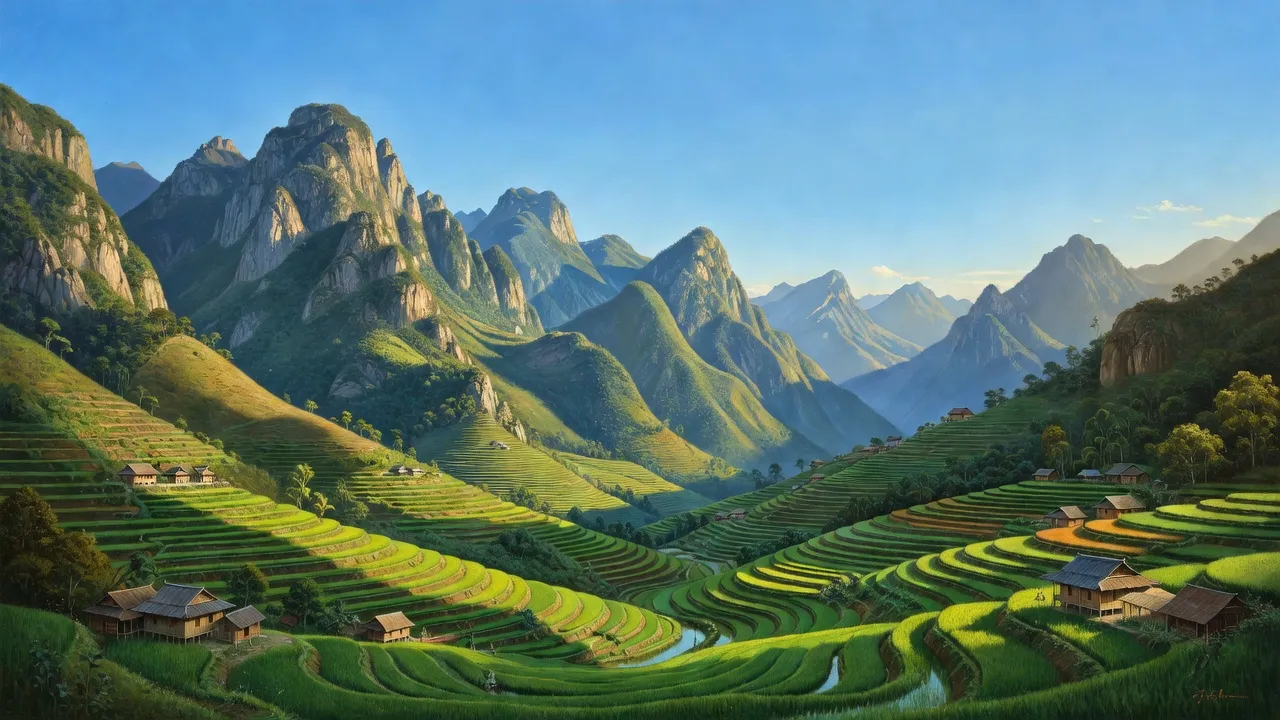 Khung cảnh huyện Tam Đường, Lai Châu với núi non trùng điệp và ruộng bậc thang xanh mướt.