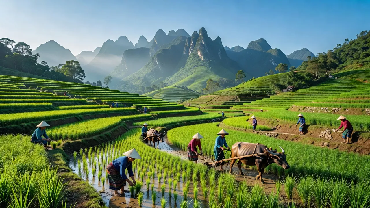 Cảnh ruộng bậc thang tại huyện Tân Uyên, tỉnh Lai Châu, nơi nông dân làm việc.