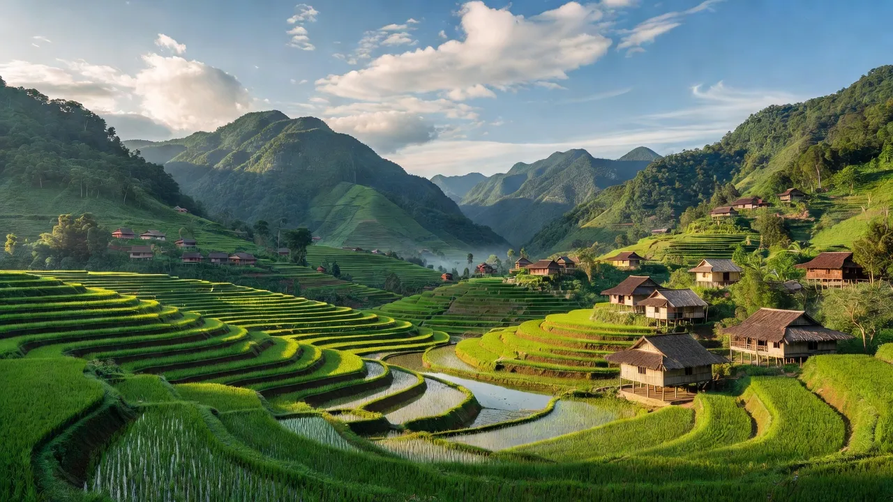 Cảnh đẹp huyện Than Uyên, Lai Châu với núi xanh và cánh đồng lúa bậc thang.