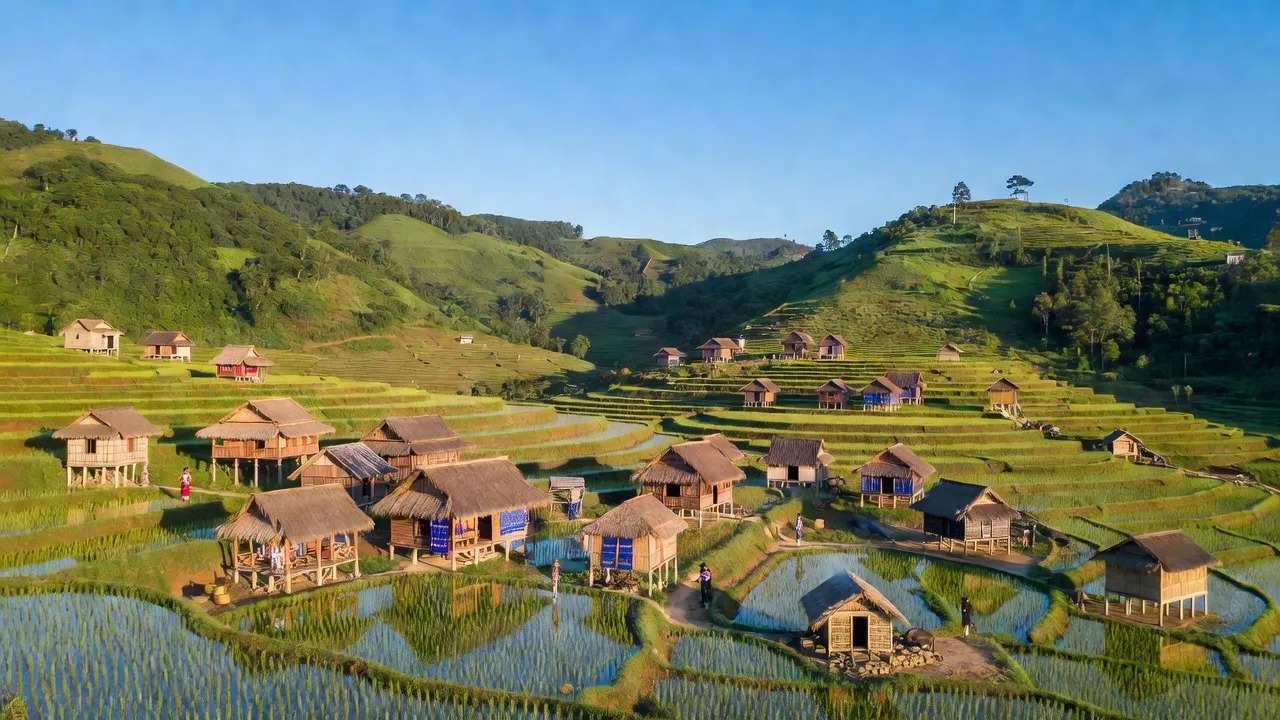 Khung cảnh huyện Than Uyên, tỉnh Lai Châu với đồng ruộng bậc thang và làng truyền thống.