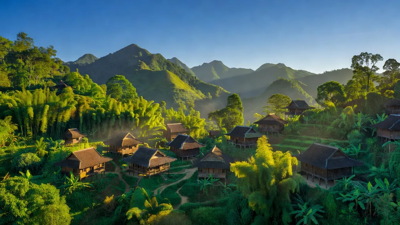 Khung cảnh núi non tỉnh Lai Châu, Việt Nam, nhà gỗ truyền thống, bầu trời trong xanh.
