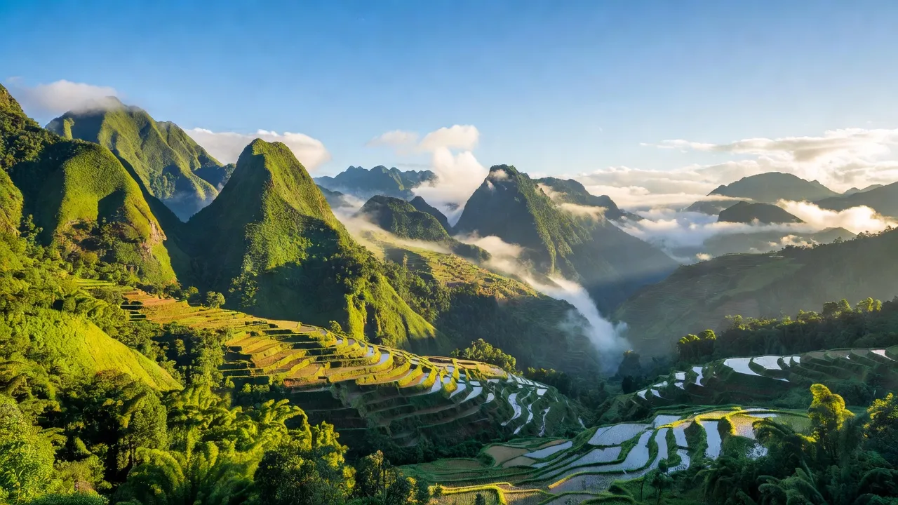 Khung cảnh thiên nhiên Lai Châu với núi, ruộng bậc thang và mây trắng, Việt Nam.