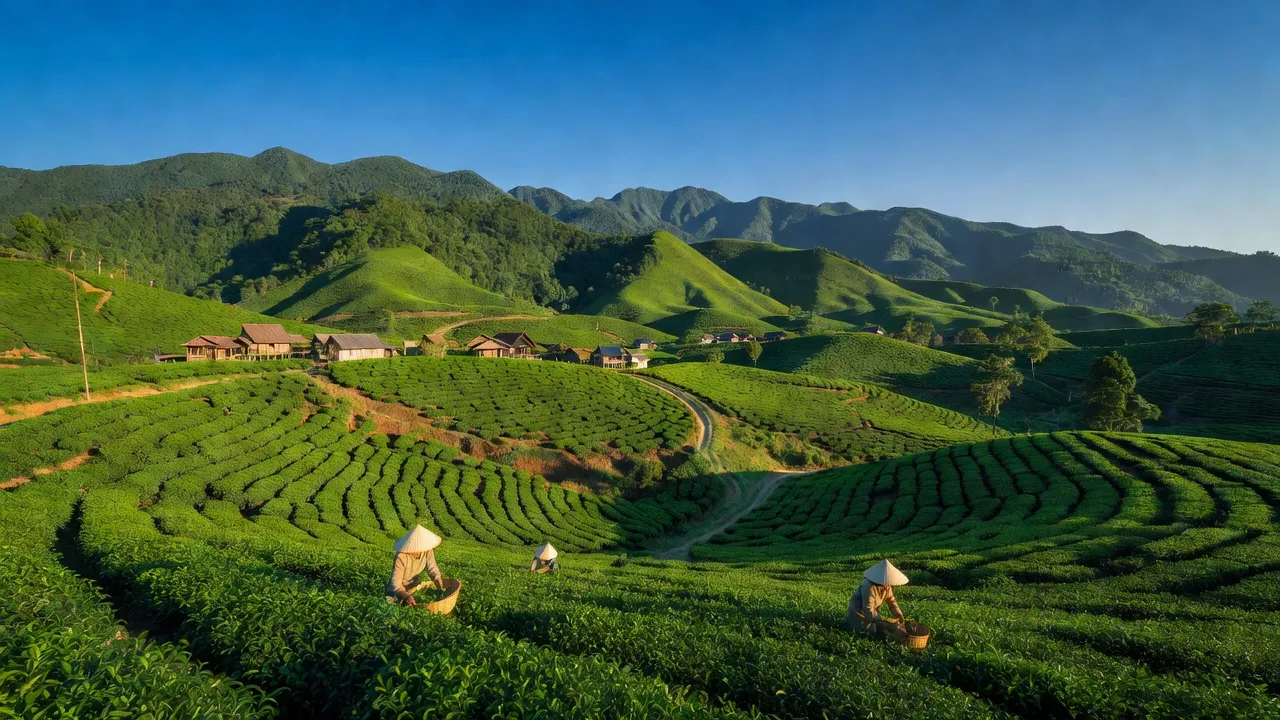 Cảnh quan huyện Bảo Lâm, Lâm Đồng với đồi chè xanh mát và bầu trời trong xanh.