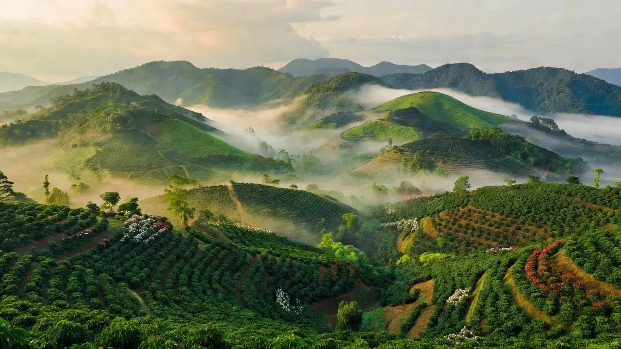 Cảnh quan huyện Bảo Lâm, tỉnh Lâm Đồng, núi xanh, đồn điền cà phê, bầu trời sương mù.