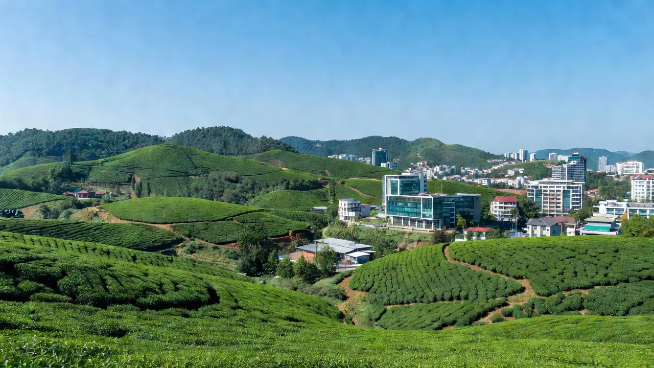 Khung cảnh Thành phố Bảo Lộc, tỉnh Lâm Đồng với đồi chè xanh và bầu trời trong xanh.